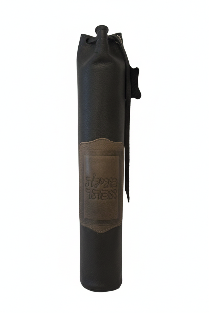 Black and brown leather megillah holder with pure white background