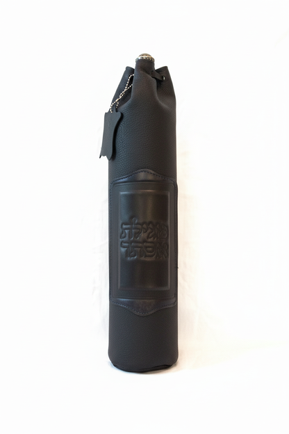 Navy blue leather megillah holder on white background