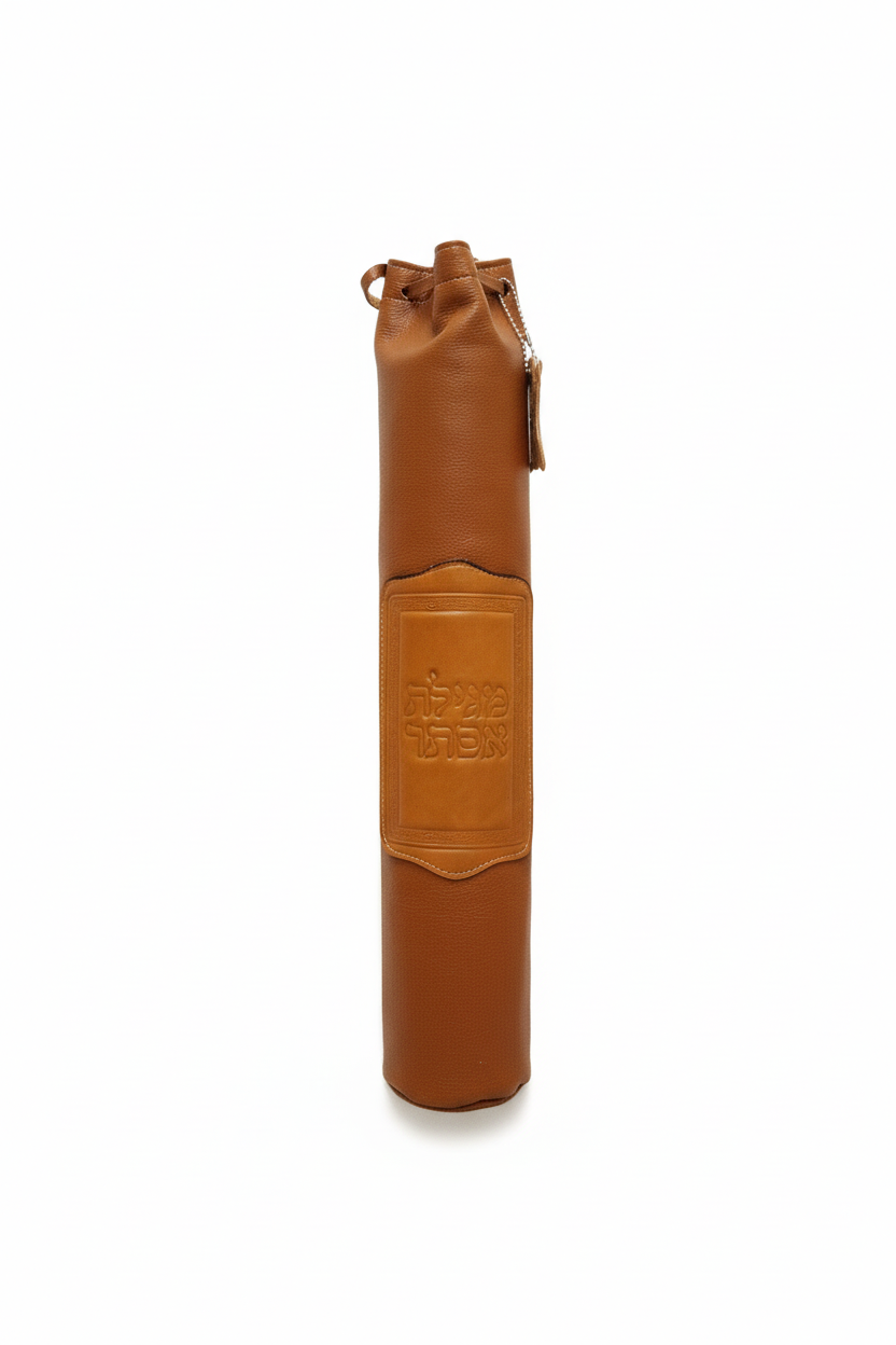 Tan leather megillah holder with pure white background